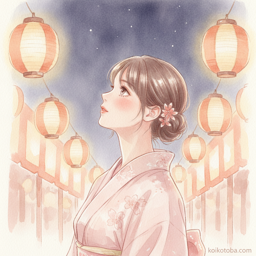浴衣を着た女性が夜の花火大会の提灯の明かりの中で空を見上げているやわらかい水彩イラスト