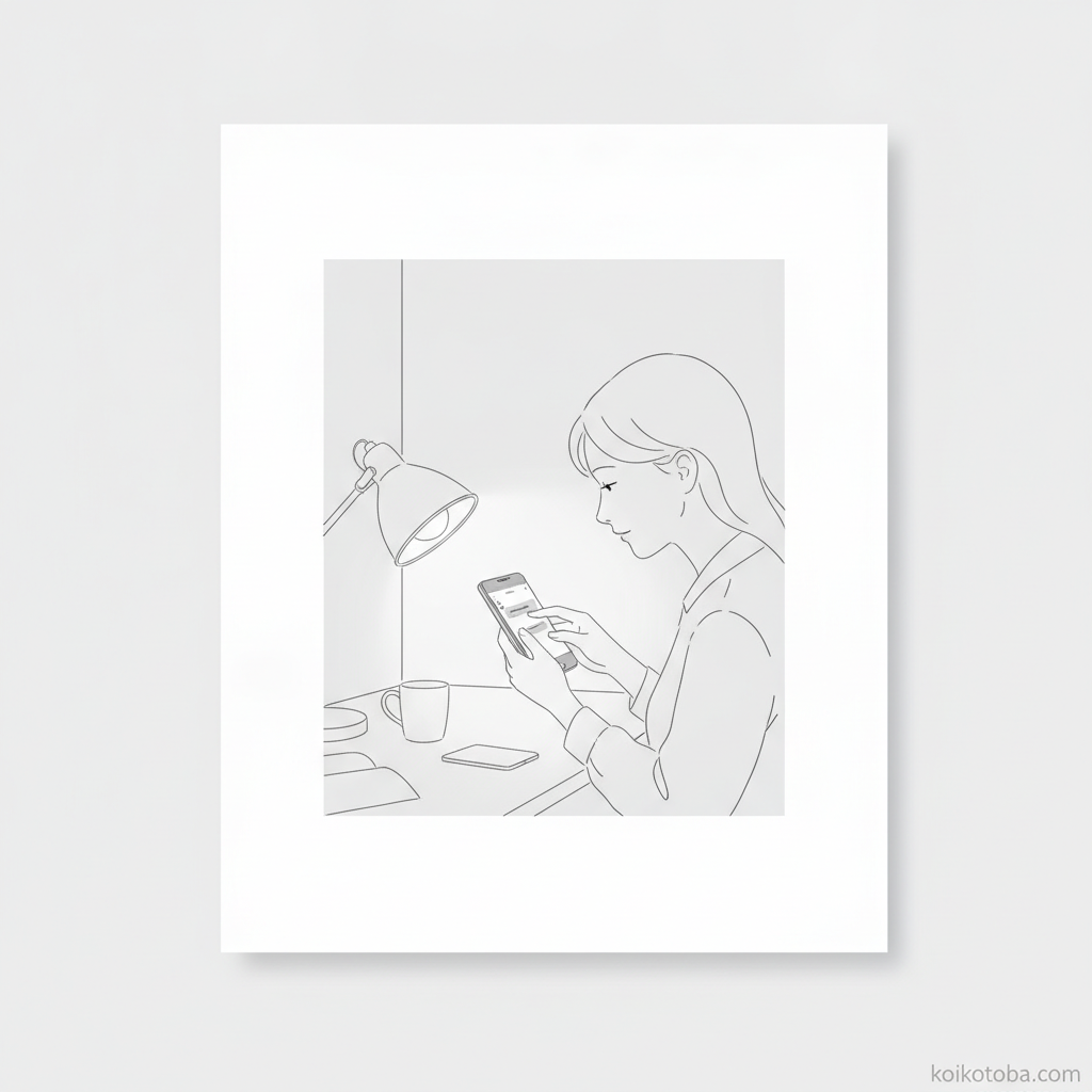 夜にスマホを手にしながら送れないLINEに悩む人物のイラスト