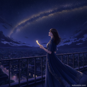 夜空を見上げて七夕の短冊を持つ女性のイラスト