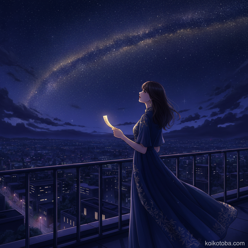 夜空を見上げて七夕の短冊を持つ女性のイラスト