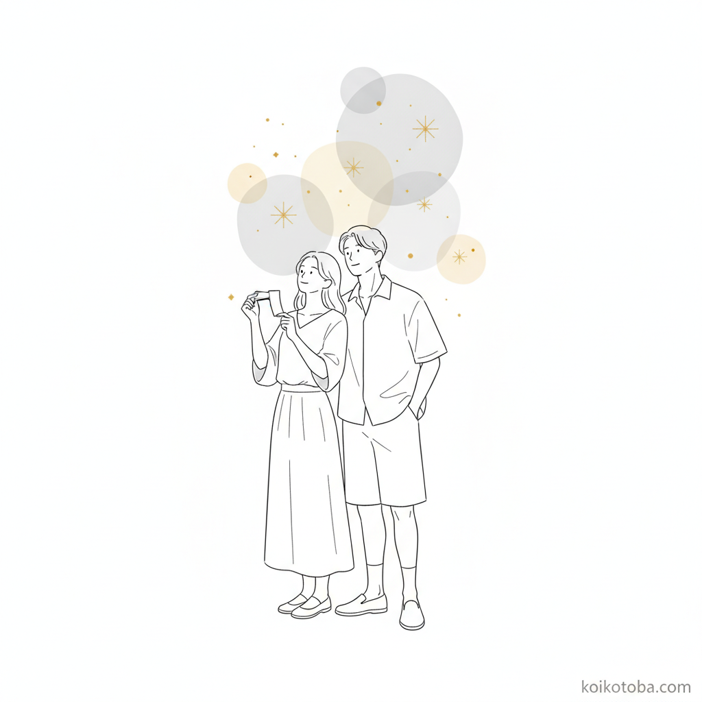 七夕の夜空の下で短冊を持ちながら星を見上げるカップルのイラスト