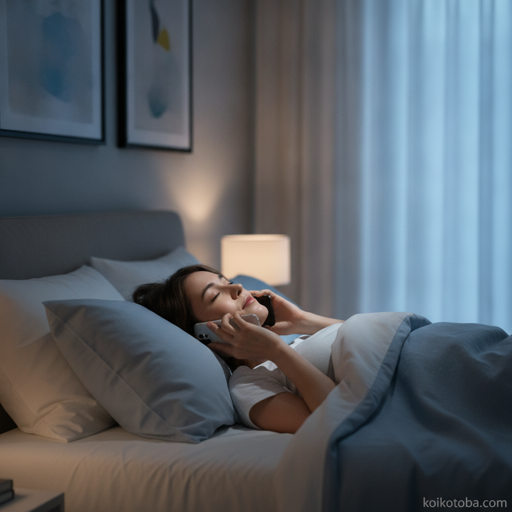 夜の寝室でスマートフォンで通話しながらまどろむ女性