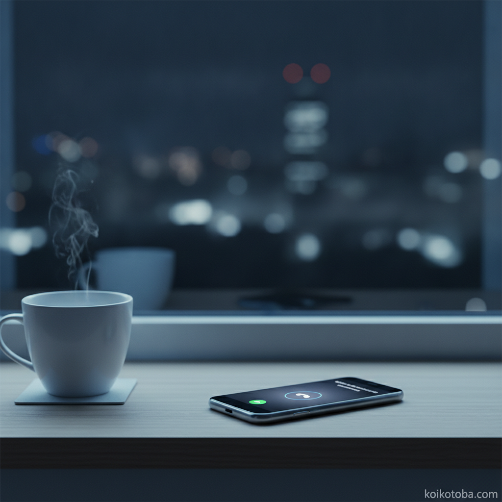 夜の窓辺に置かれた通話中のスマートフォンとマグカップ