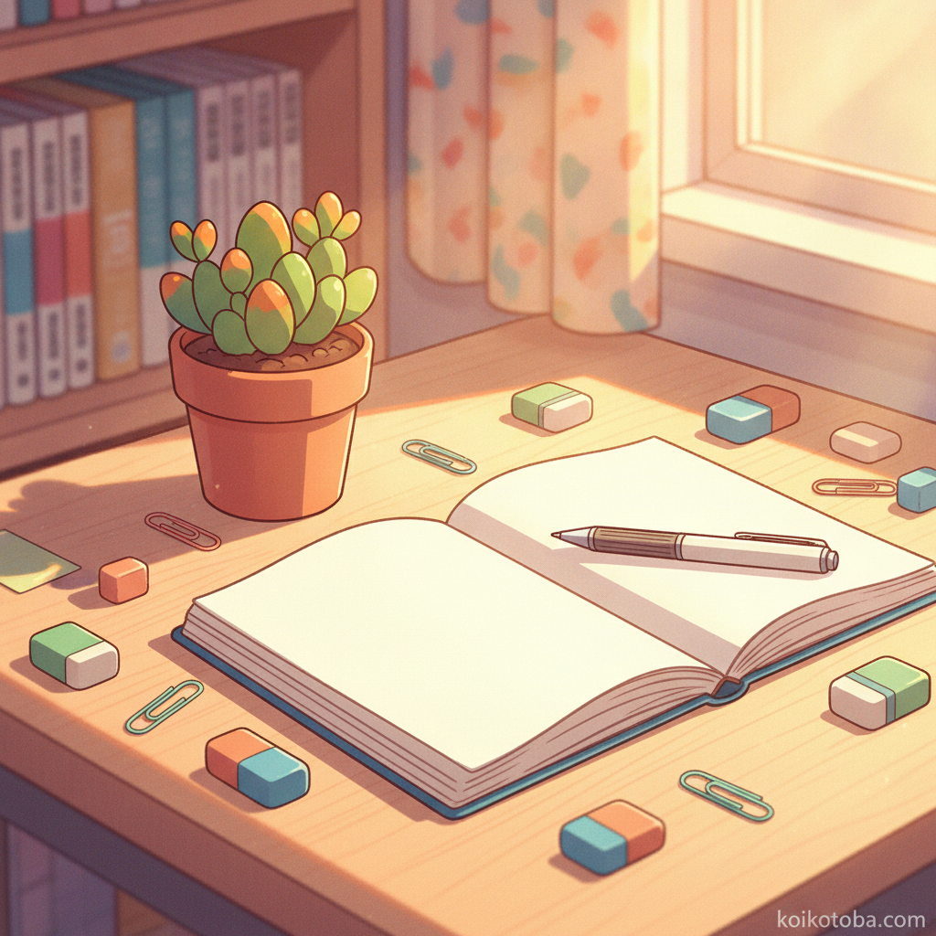 開いたノートとペンが置かれた温かみのある机の上の小物イラスト——自分への手紙を書くシーン