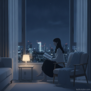 夜の窓辺で本を読む女性のシルエット、静かな灯りの中で
