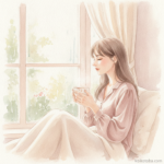 雨の窓辺でお茶を持ちながら一人座る女性のやわらかい水彩イラスト