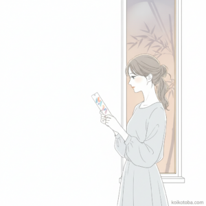 七夕の夕暮れ時、窓辺で短冊を手にする女性のイラスト