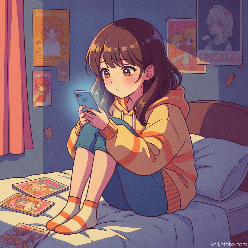 深夜にスマホを見つめる女の子のイラスト・失恋体験談を読み漁るシーン