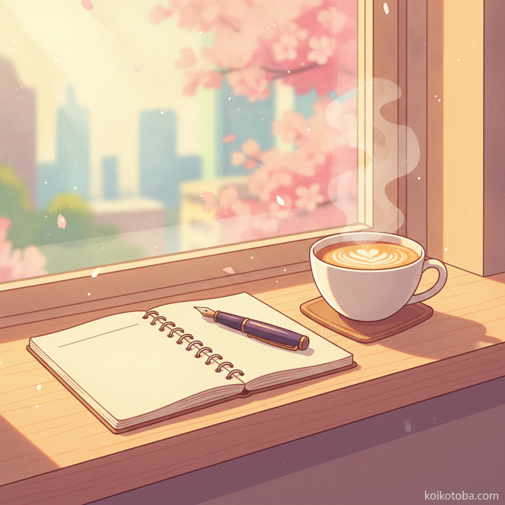 朝の窓辺のノートとコーヒーのイラスト・自分の気持ちを書き出すイメージ
