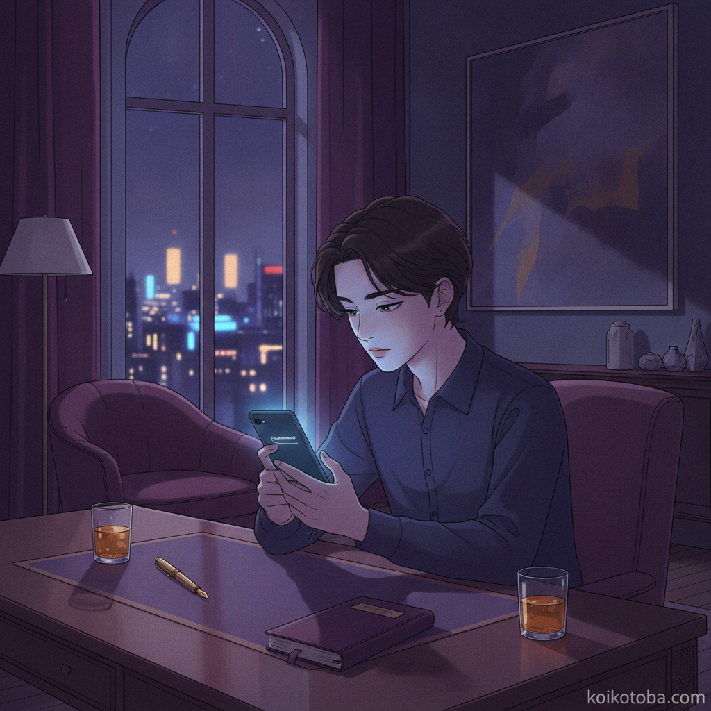 夜にスマホを見つめながら謝る言葉を考える人のイラスト