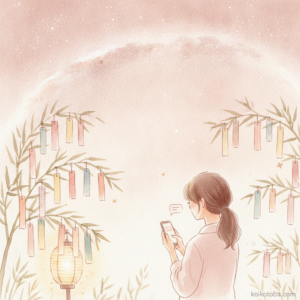 七夕の夜に笹飾りの前でスマホを持つ女性の後ろ姿