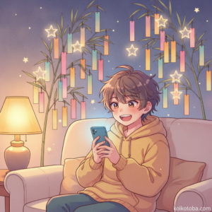七夕の夜にスマホでLINEを送ろうとする女の子のイラスト