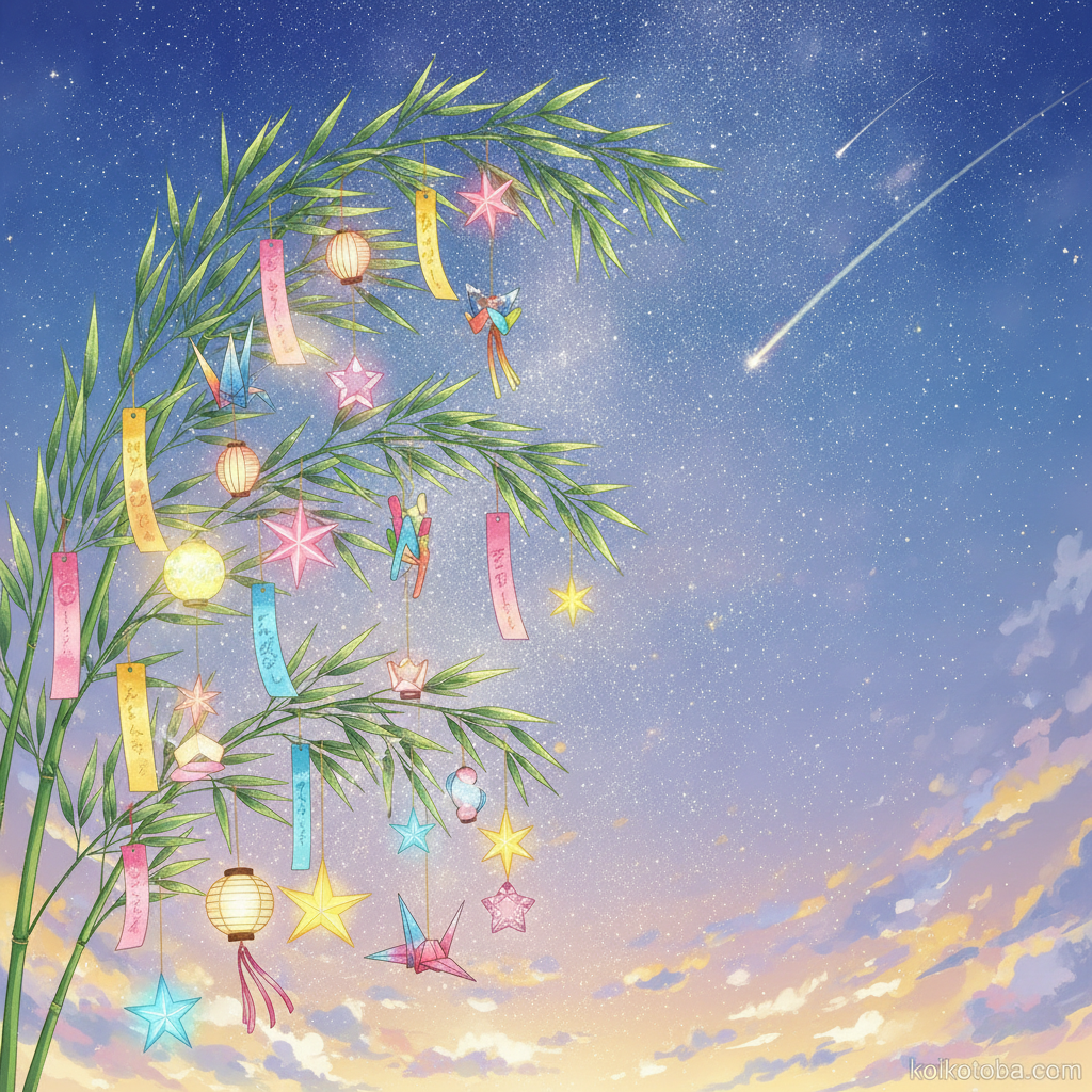 カラフルな短冊が飾られた七夕の笹と星空のイラスト
