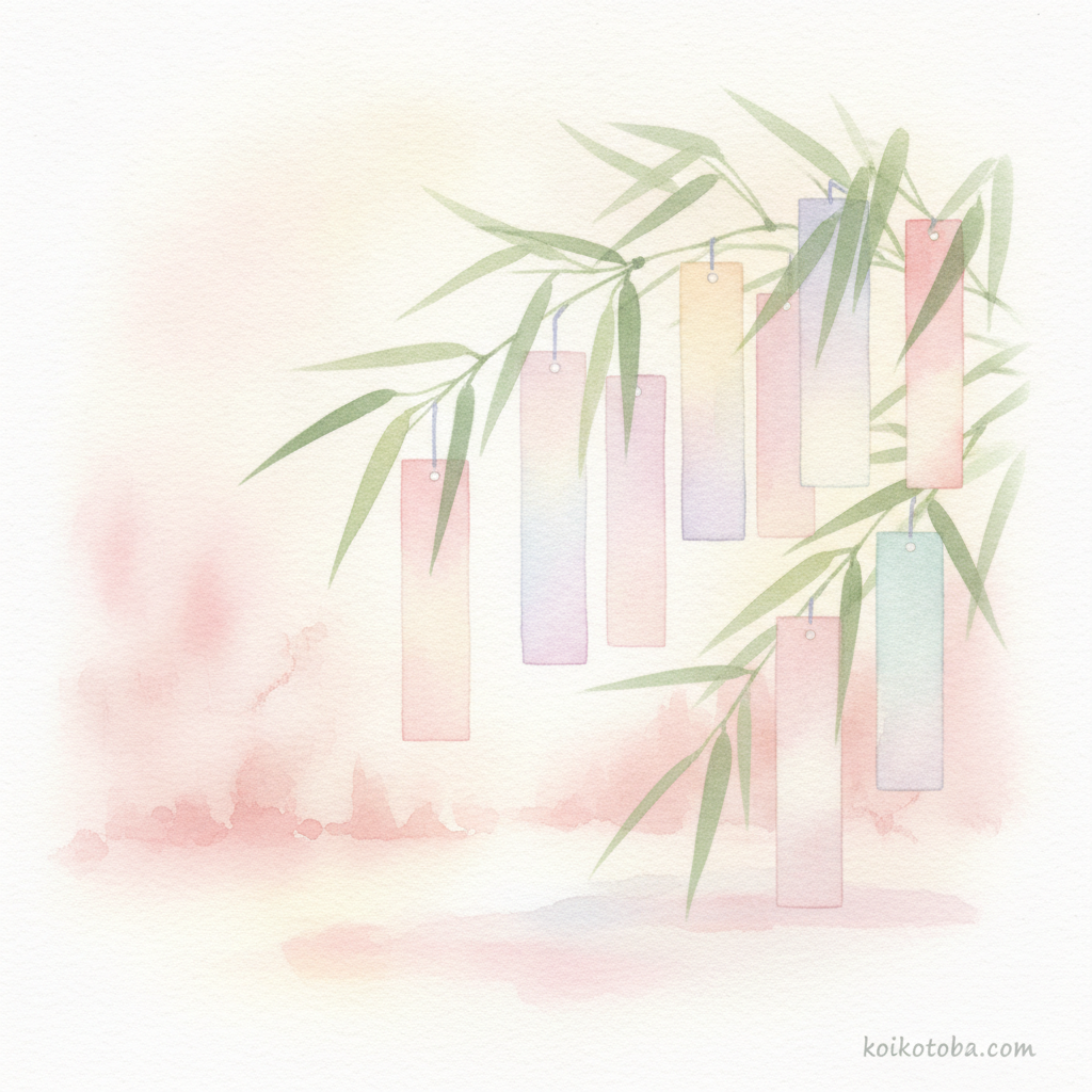 笹の葉に結ばれた淡い色の短冊が夕暮れの光に揺れる水彩イラスト