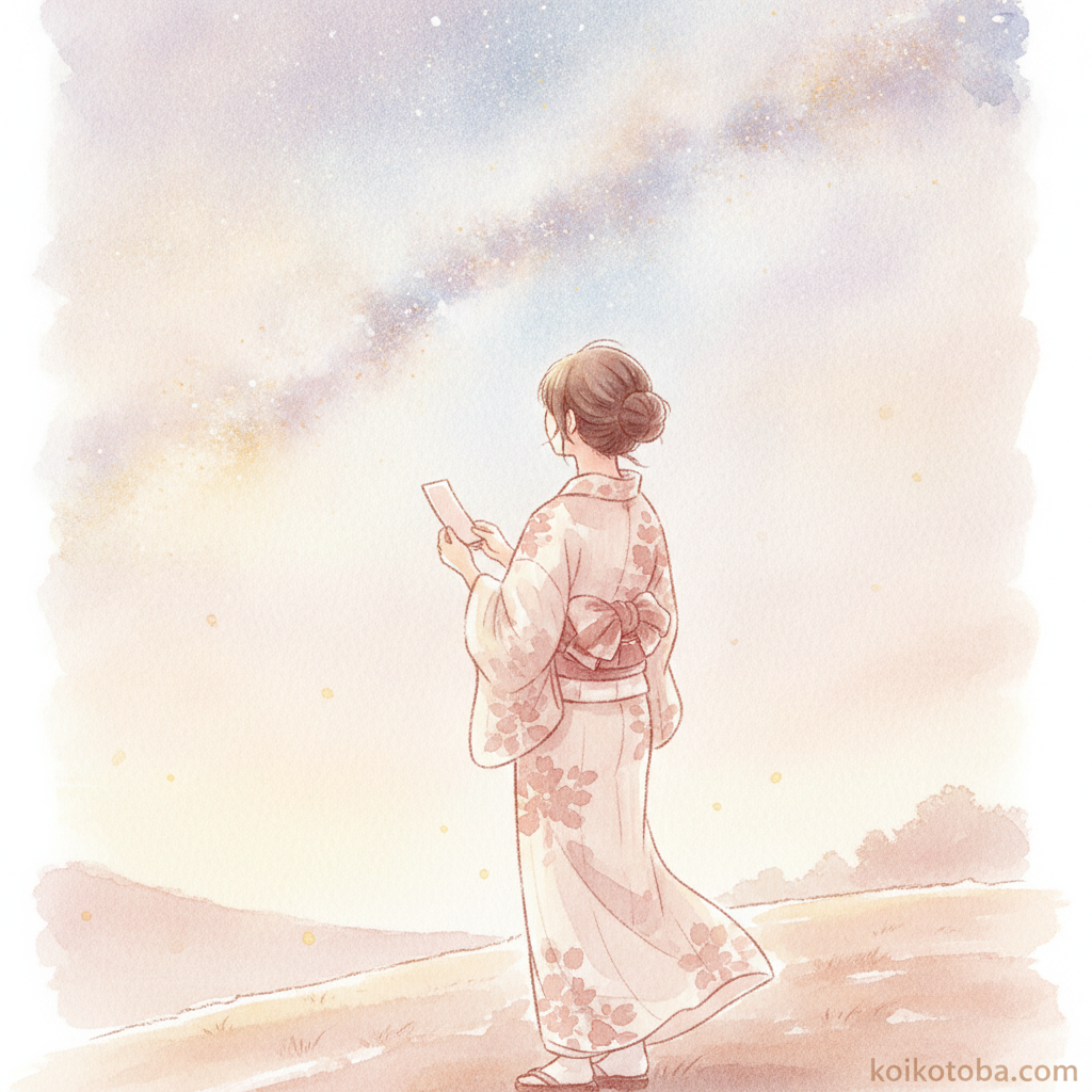 浴衣姿で星空を見上げ短冊を手にする後ろ姿の水彩イラスト