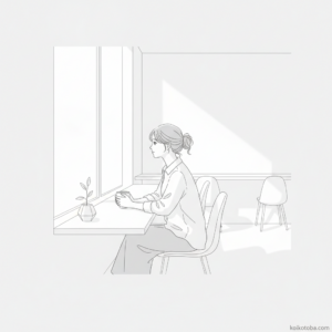 カフェの窓際で物思いにふける女性のイラスト