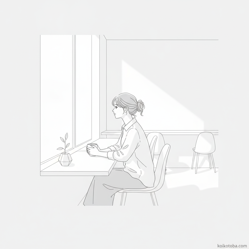 カフェの窓際で物思いにふける女性のイラスト