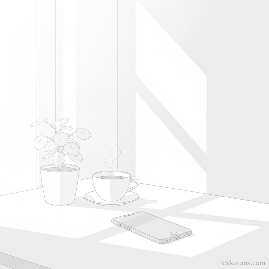 白いデスクに置かれたスマートフォンとコーヒーのイラスト