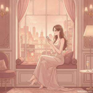 夜の窓辺でスマホを持ちながら遠くを見つめる女性のイラスト