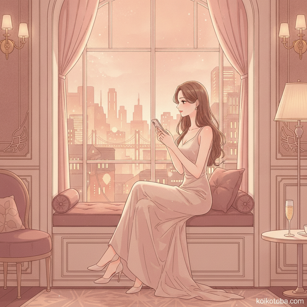 夜の窓辺でスマホを持ちながら遠くを見つめる女性のイラスト
