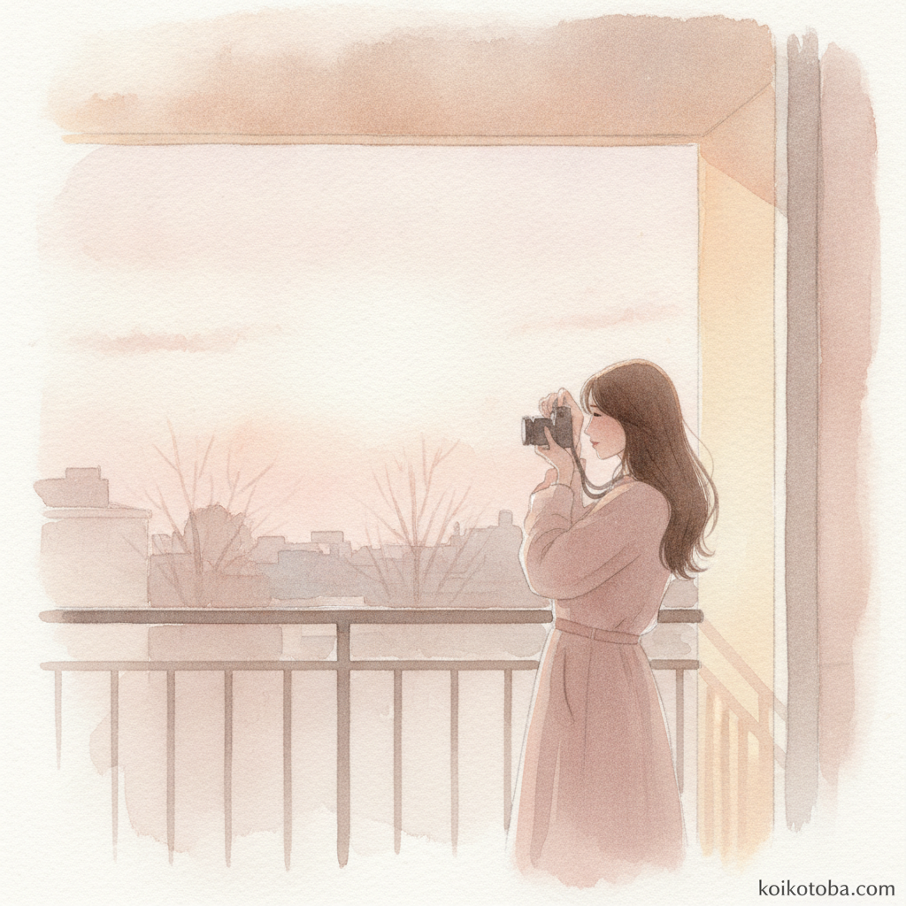初冬の夕暮れ、ベランダでカメラを構える女性の後ろ姿