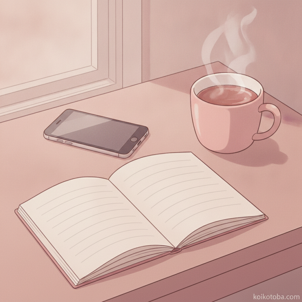 スマホを置いてノートを開き気持ちを整理している机の風景