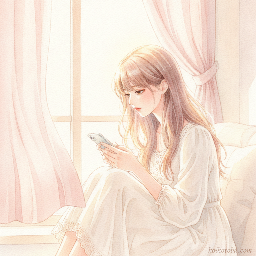 窓辺でスマホを見つめる女性のやさしい水彩イラスト