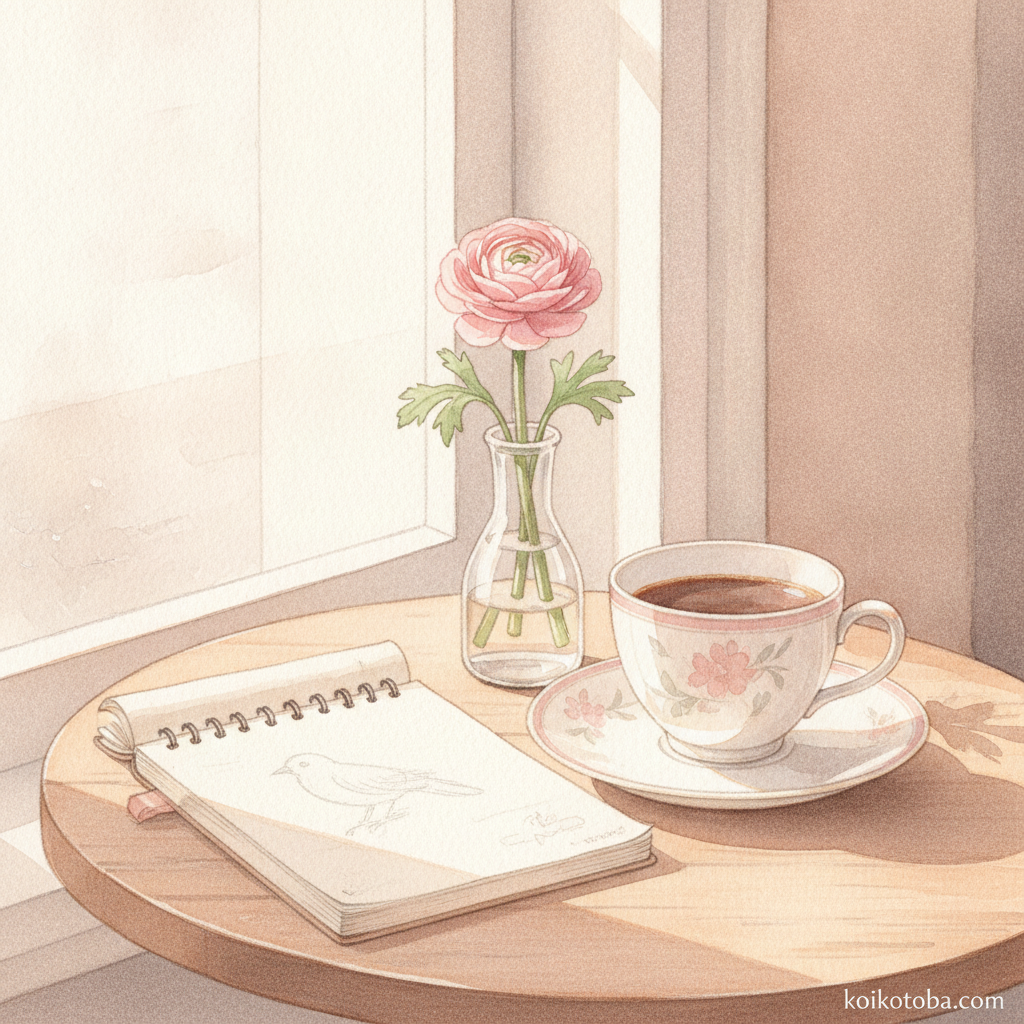 カフェのテーブルに置かれたコーヒーと花の水彩イラスト