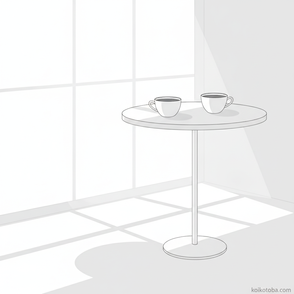 カフェのテーブルに並ぶコーヒーカップ2つと窓からの光のイラスト