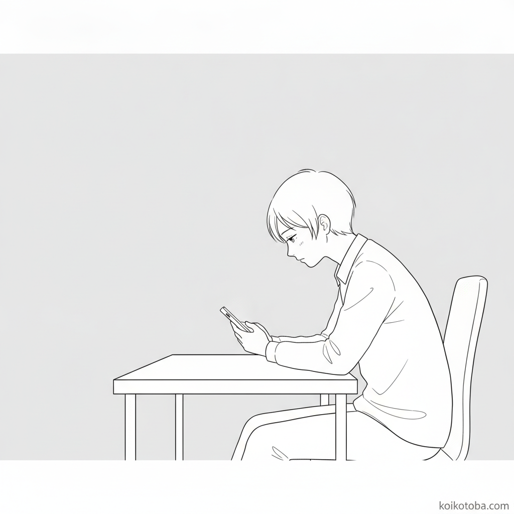 スマートフォンを見つめて疲れた表情の人物のミニマルイラスト