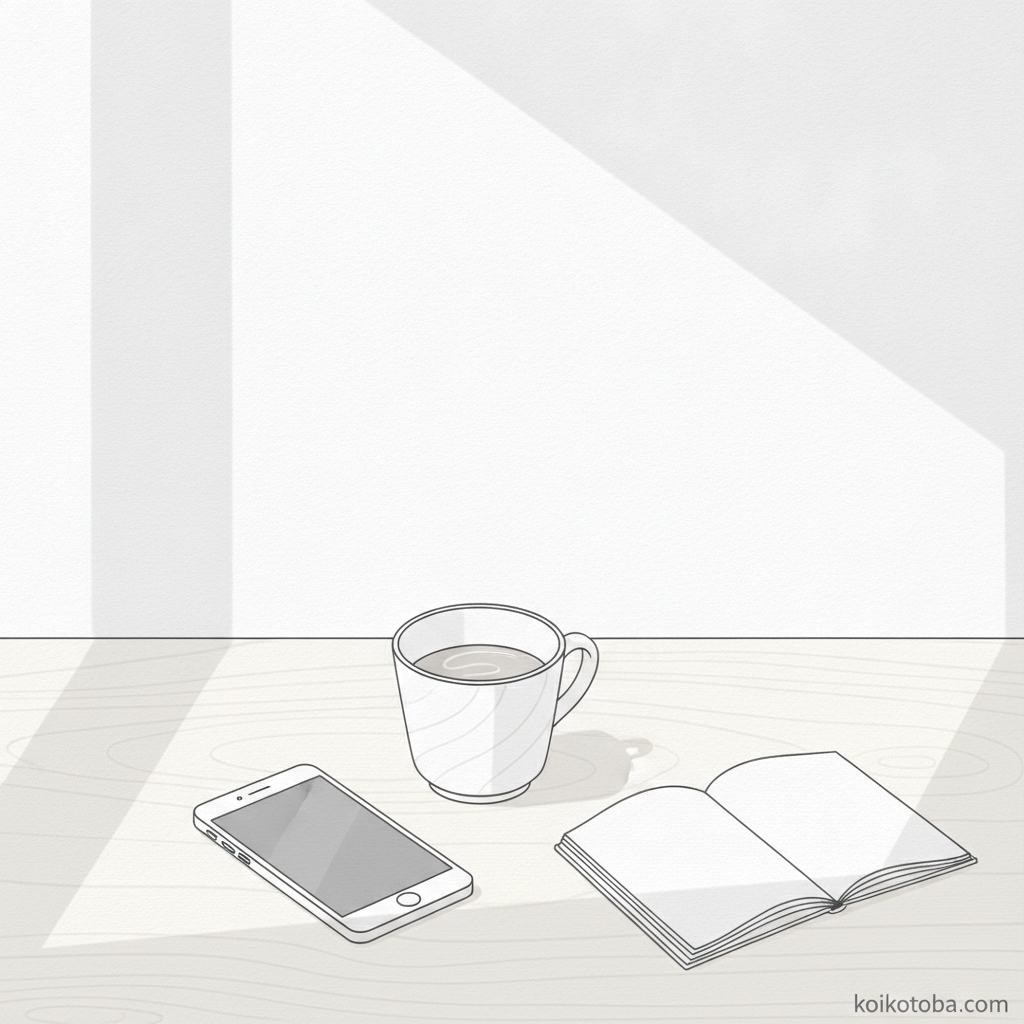 テーブルに伏せたスマートフォンとコーヒーのミニマルイラスト