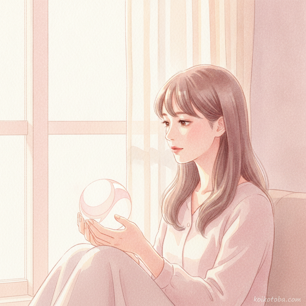 窓辺でスマホを見つめる女性、やわらかい光の水彩イラスト