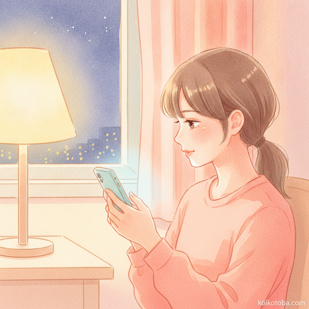 夜の部屋でスマホを見つめる人物、遠距離片思いのイメージ