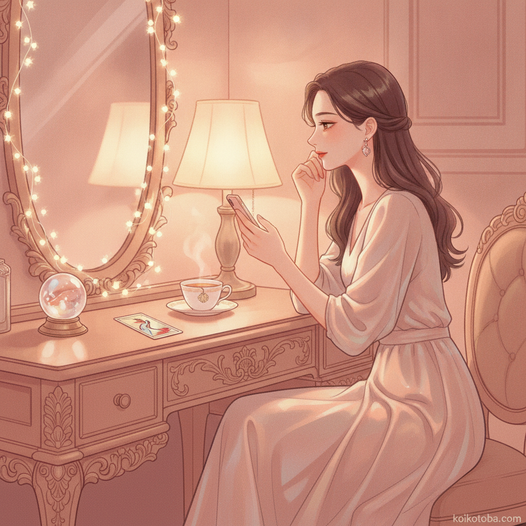 夜の部屋でスマホを手に恋占いをする女性のイラスト