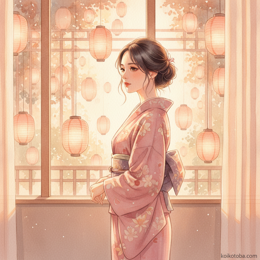 浴衣を着てうなじを見せるヘアアレンジをした女性の柔らかな水彩イラスト