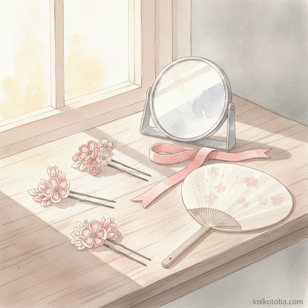 花飾りのヘアピンや小さな鏡など浴衣の髪型に使う小物を並べた水彩イラスト