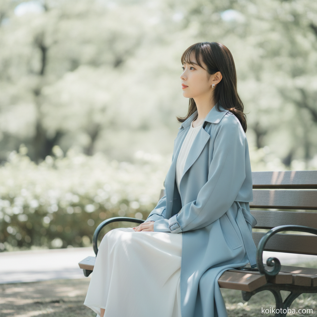 公園のベンチで一人座り遠くを見つめる女性、恋愛離れと自分と向き合う時間のイメージ