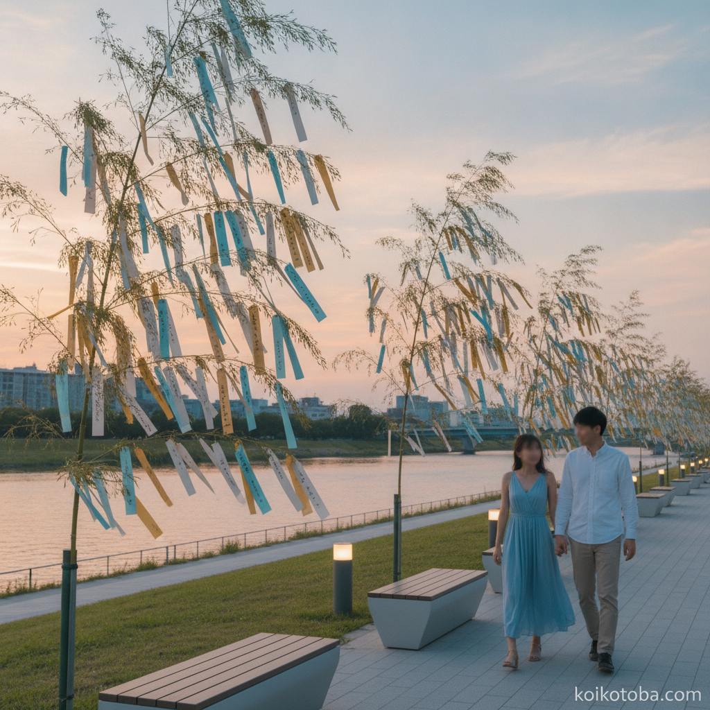 七夕飾りが揺れる夕暮れの川沿いを並んで歩く二人のシルエット