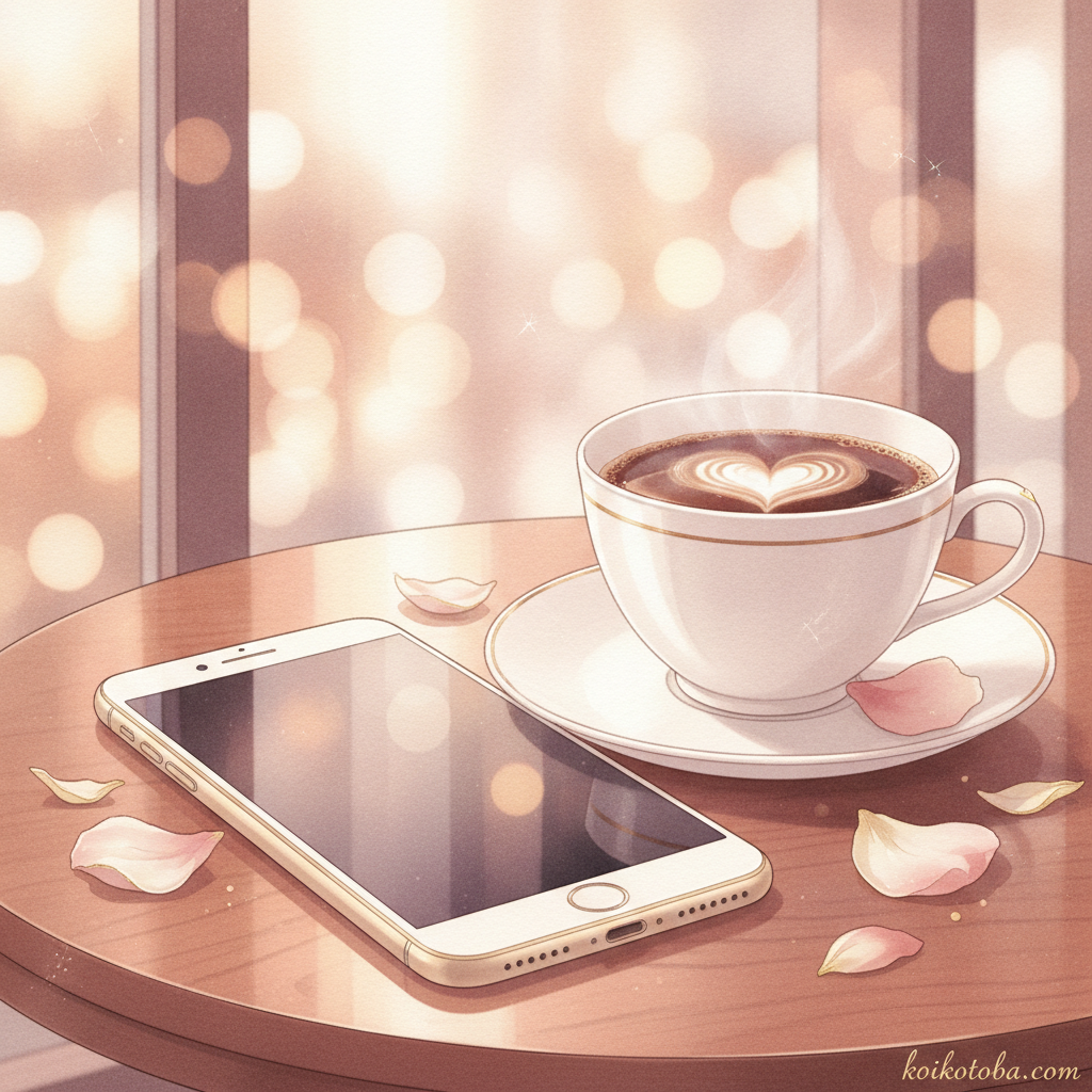 カフェのテーブルに置かれたスマートフォンとコーヒーの小物イラスト