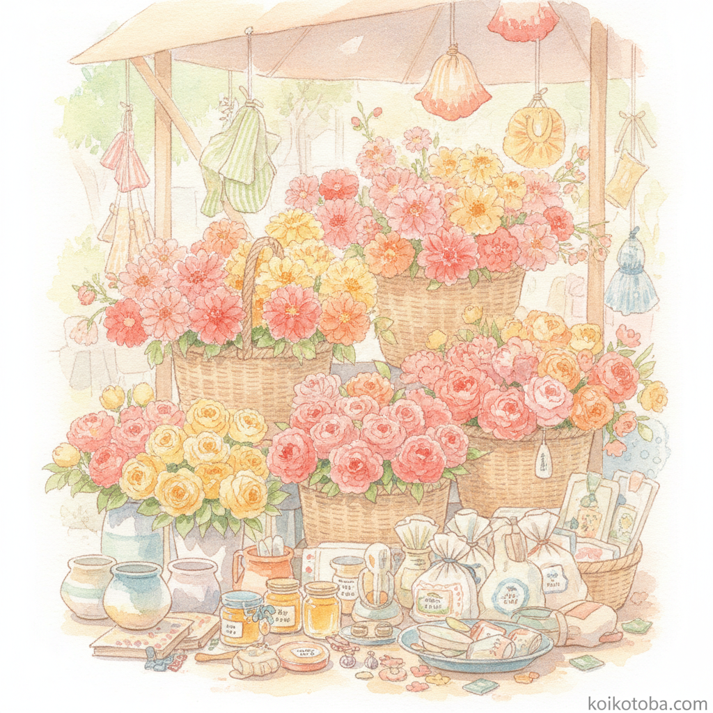 週末のマルシェに並ぶ花や雑貨の明るいイメージ