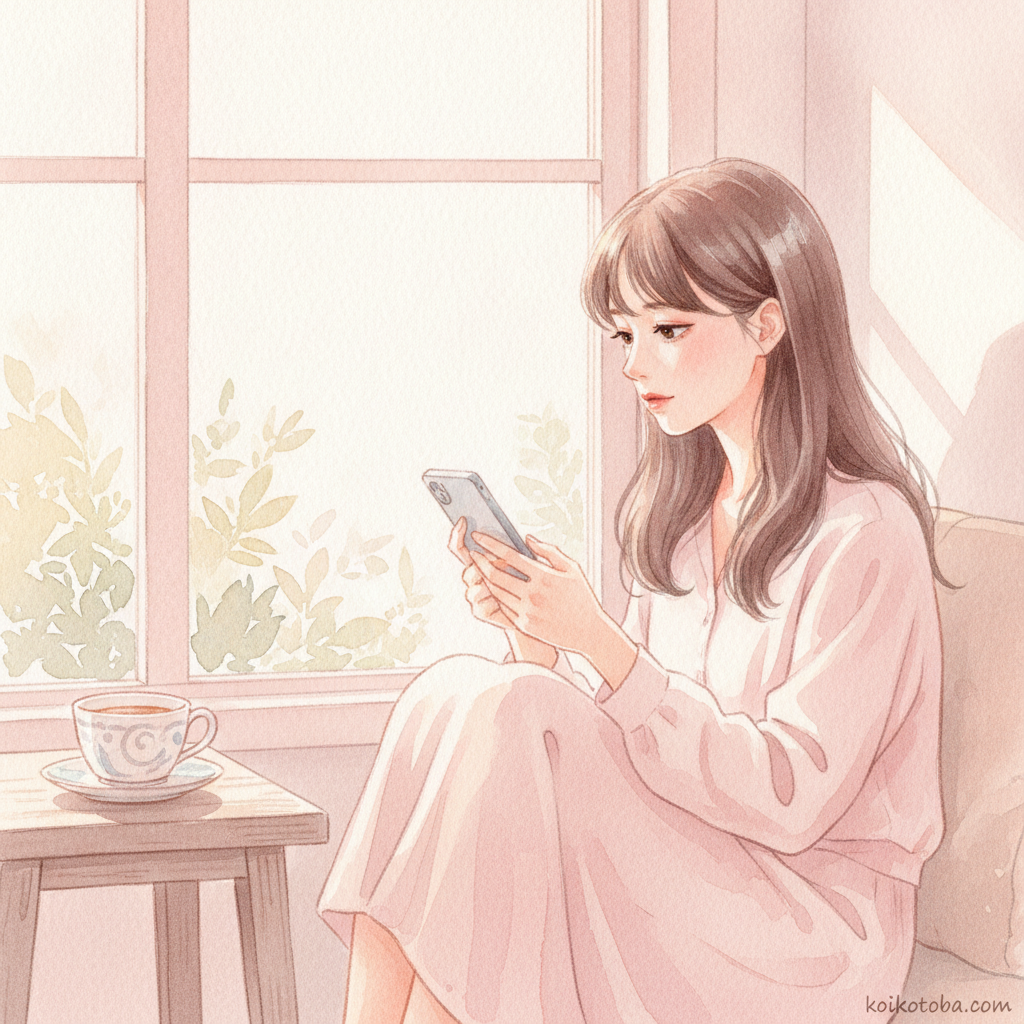 スマホを見つめながら返事を待つ女性のやわらかな水彩イラスト