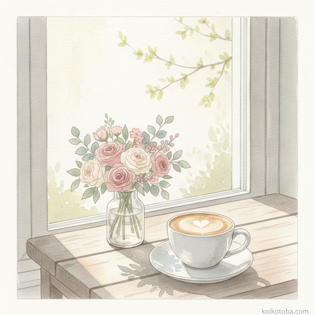 春の窓辺に置かれたコーヒーと小花の水彩イラスト