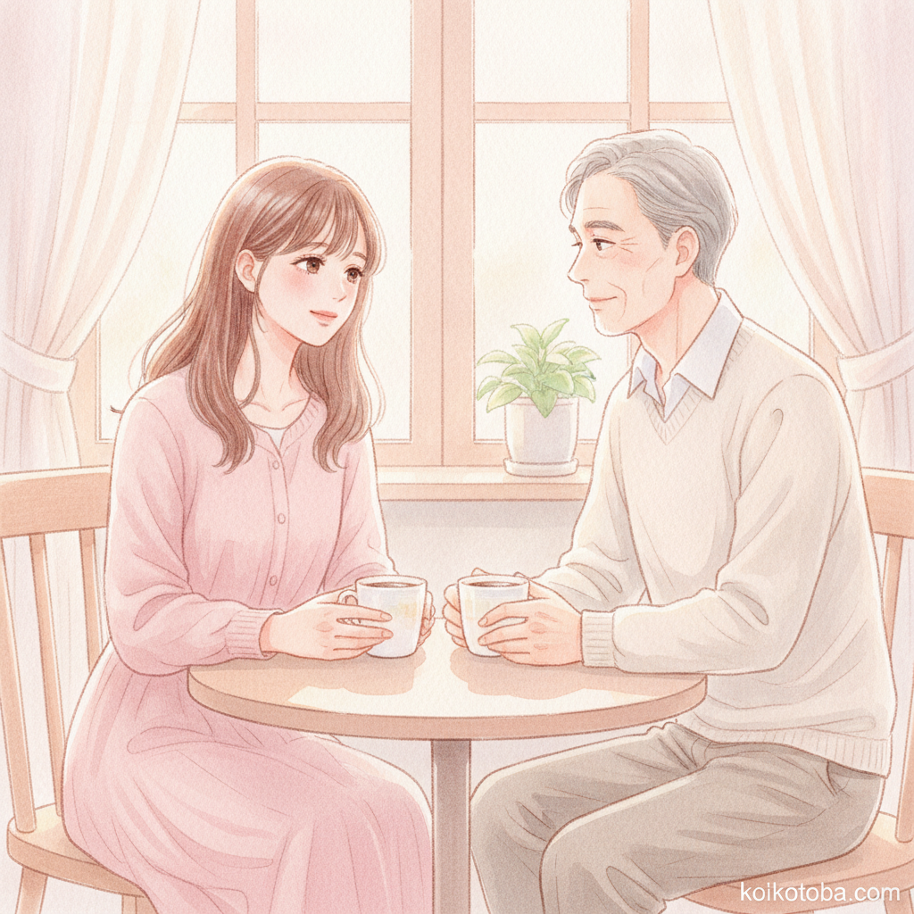 窓辺で寄り添う年の差カップルの水彩イラスト