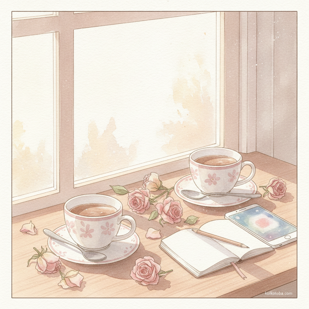 カフェのテーブルに並ぶ二つのカップと小物の水彩イラスト