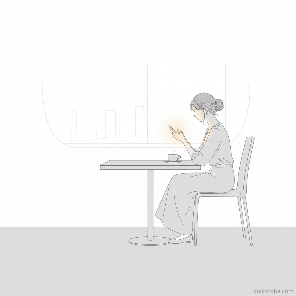スマートフォンを見つめるカフェの女性のイラスト