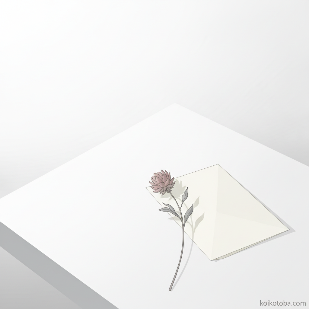 白いテーブルの上のドライフラワーと手紙のミニマルなイラスト