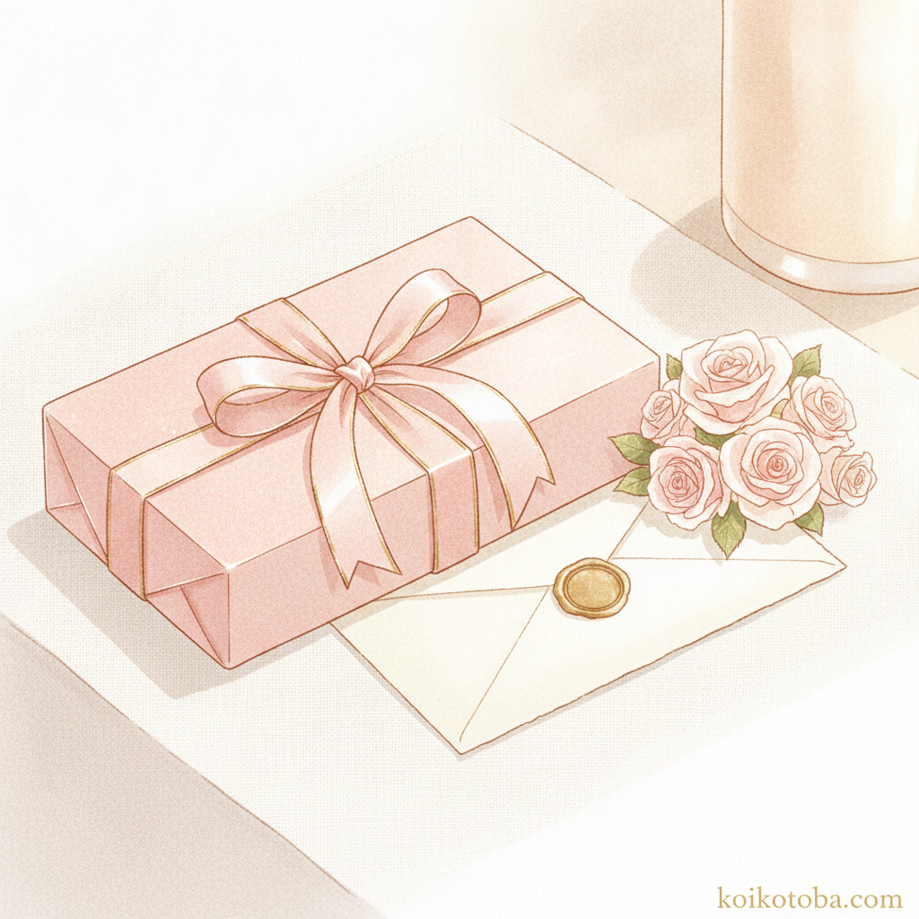 記念日のプレゼントとメッセージカードと花のイラスト