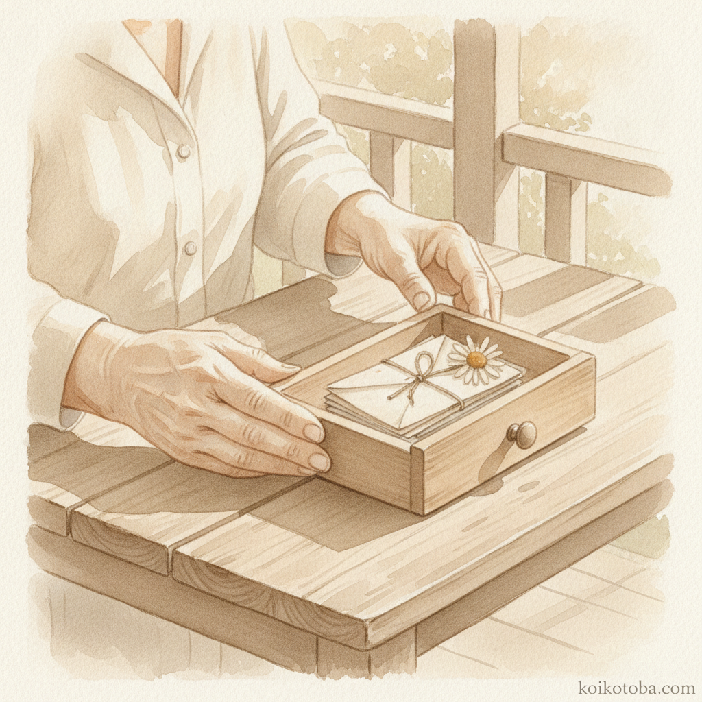古い手紙と押し花を木の引き出しにそっとしまうおばあちゃんの手の水彩画