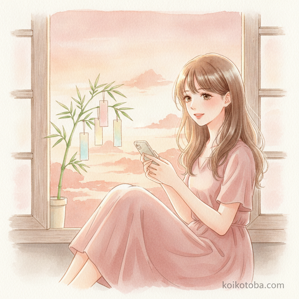 窓辺でスマートフォンを持ち微笑む女性と七夕の笹飾り