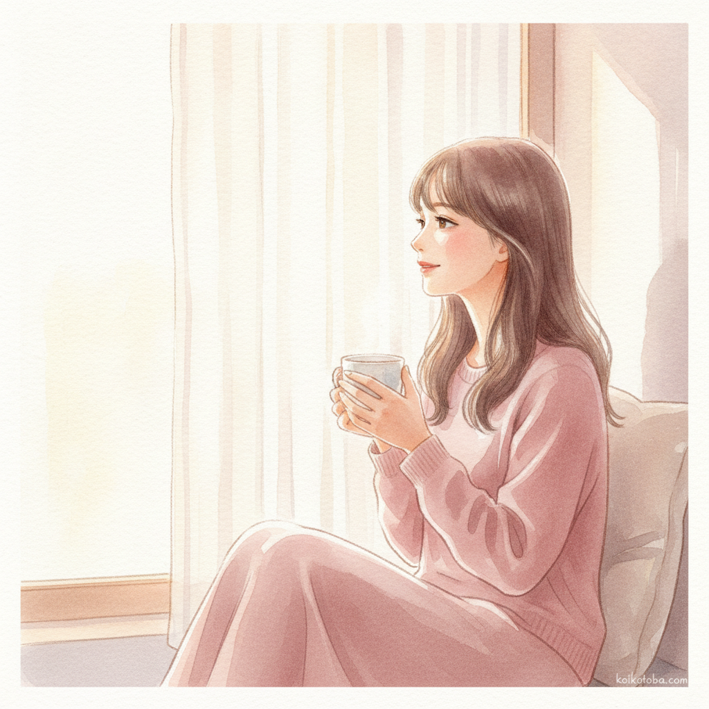 窓辺でお茶を持ちながら外をそっと見つめる女性。淡いときめきを感じているような柔らかな表情
